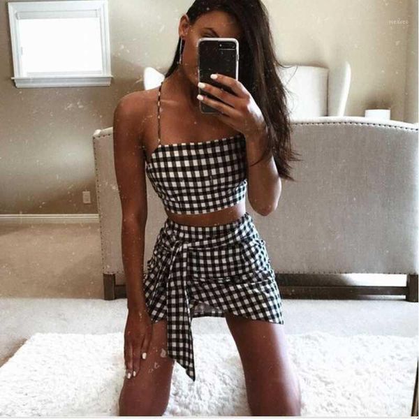 

summer beach 2pcs set women evening party plaid crop short mini skirt crop two piece set women clothes 20201, White
