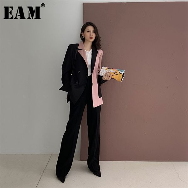 

[eam] women black contrast color big size blazer new lapel long sleeve loose fit jacket fashion tide spring autumn 2020 lj201212, White;black