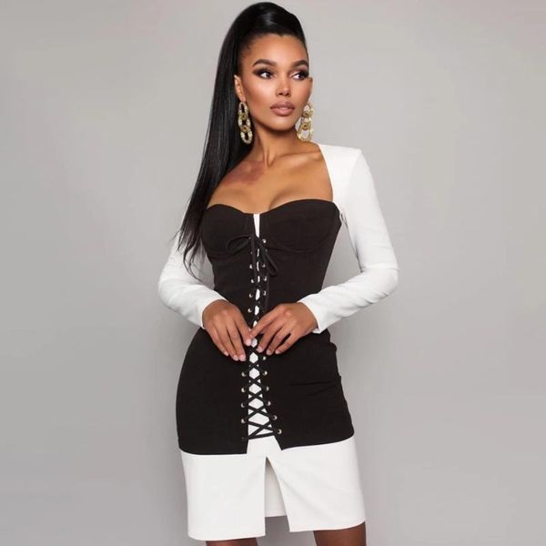 

2020 new winter women black long sleeve bodycon bandage dress strapless lace up celebrity evening runway party dress, Black;gray