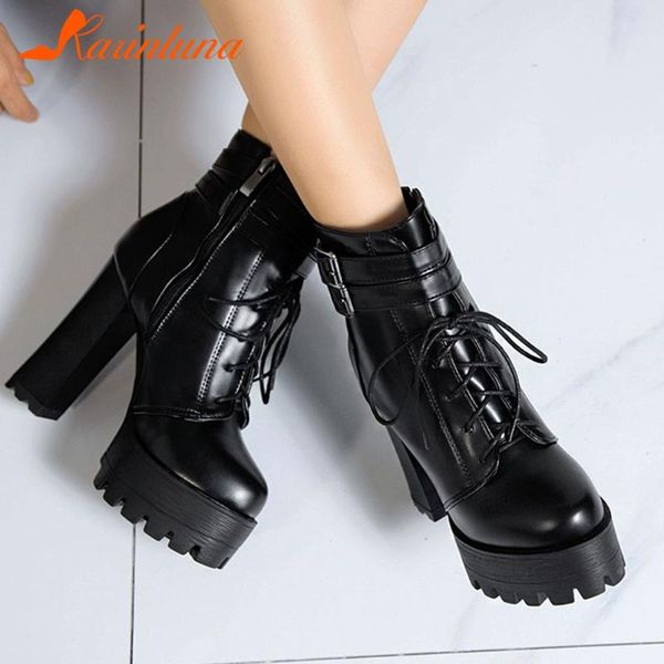 

2021 new fashionable leisure women shoes plus size 33-43 round toe cross-tied buckle straps thick high heels zip ankel booties, Black