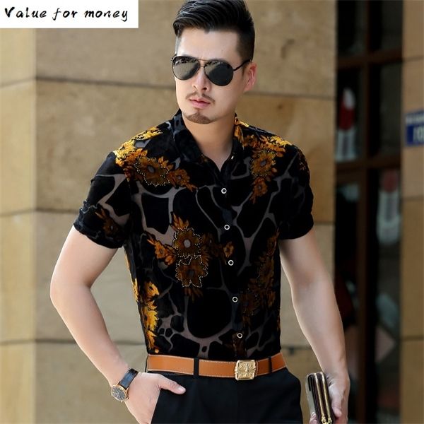 

flower big transparent for men lace see through male chemise homme desinger fancy proms silk shirt c1212, White;black
