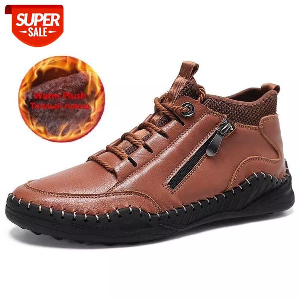 

winter men's boots leather men's ankle boots plush warm snow outdoor non-slip men western size 48 #ki81