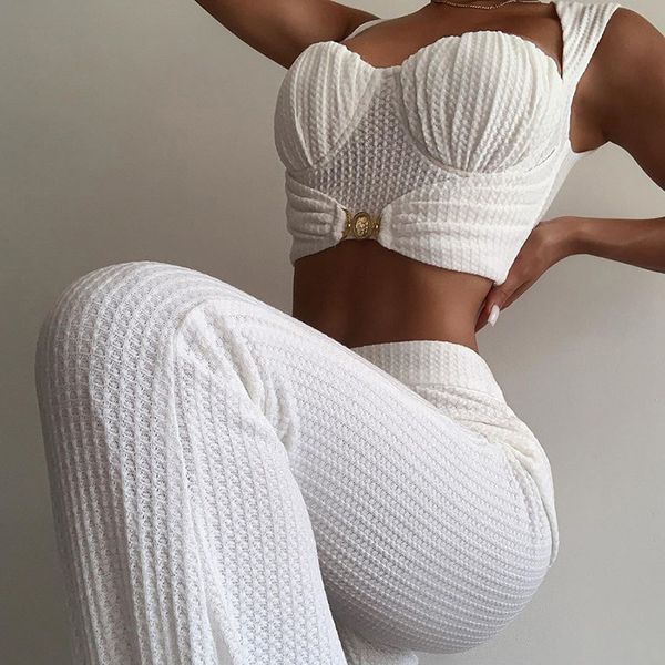 

women fashion elegant casual low cut solid 2 pcs ruched crop & high waist long pants set, White