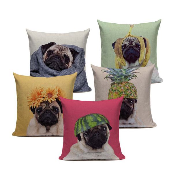 

decoration linen cotton cute pug funny dog car home decor cushion 45cmx45cm square printed home decor printed cushion cover
