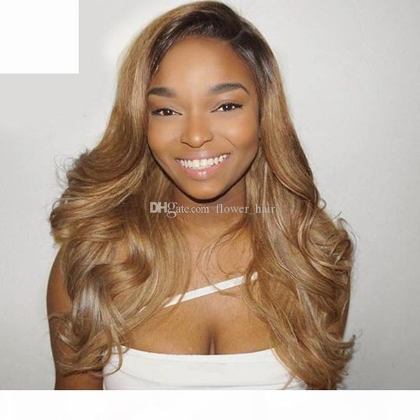 

1b# #27 ombre blonde brazilian virgin human hair long body wave glueless lace front wigs baby hair full lace wig for black women, Black;brown
