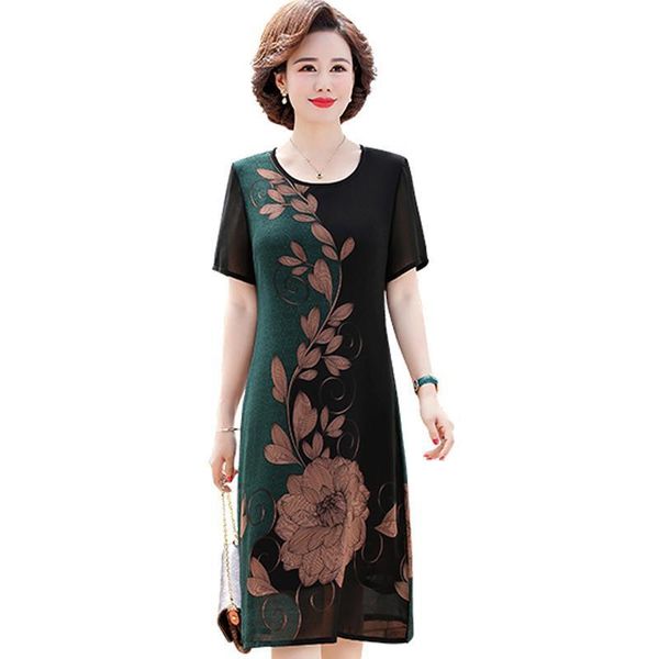 

2021 new middle-aged mother sundress women summer new fashion printed chiffon dress plus size 5xl female mid long dresses 253 8cyq, Black;gray