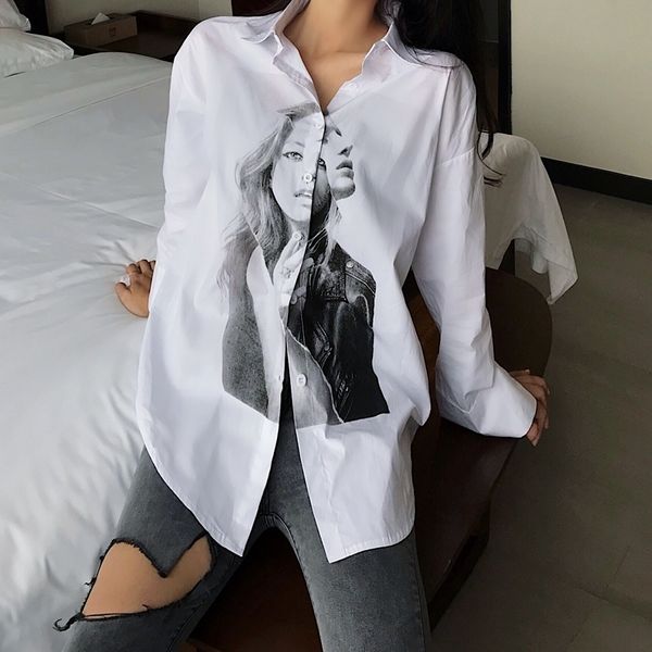 

new fashion harajuku bf style printed blouses spring women blouses shirts female streetwear long sleeve turn-down collar shirts 201201, White
