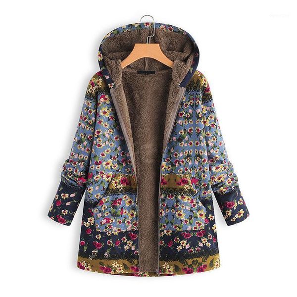 

new women winter floral printed coat vintage harajuku loose plus size casaul jacket female velvet thick warm hooded coat outwear1, Black;brown