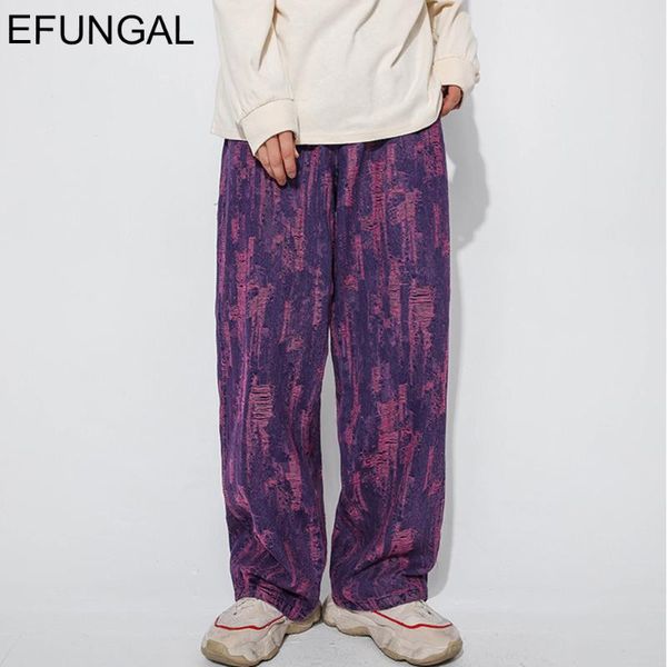 

distressed ripped jeans men hip hop pants destroyed color block denim streetwear casual trousers wide leg biker jean, Blue