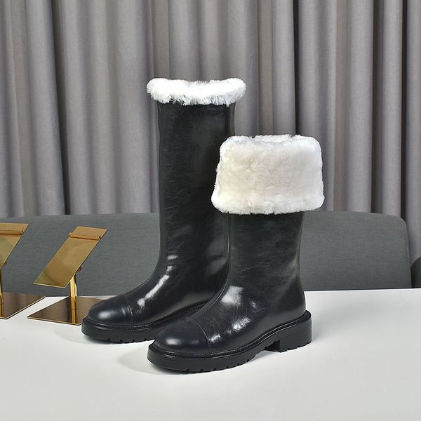 

paris fashion 8-14 inch ankle booties women channel martin snow boot wool warm fur leather knee boots vintage shoe luxurys designers shoes, Black