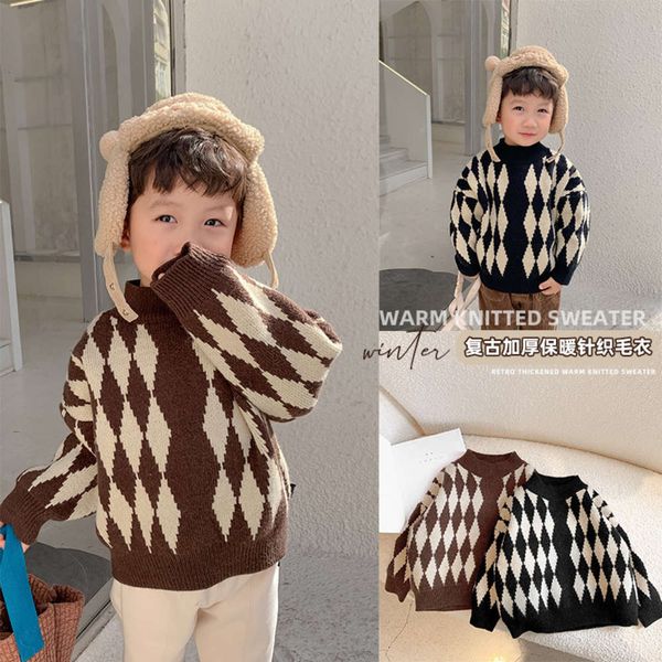 

sweater aokids boys' pullover korean version children's rhombic round neck winter wear personali fashionable baby top, Blue