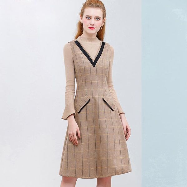 

only plus plaid wool dress women a-line sleeveless v-neck dress for women 2020 summer khaki with pockets womendress1, Black;gray
