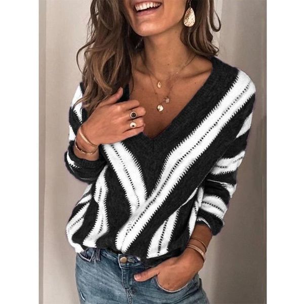 

2021 women's v-neck striped loose fashion sweater, White;black