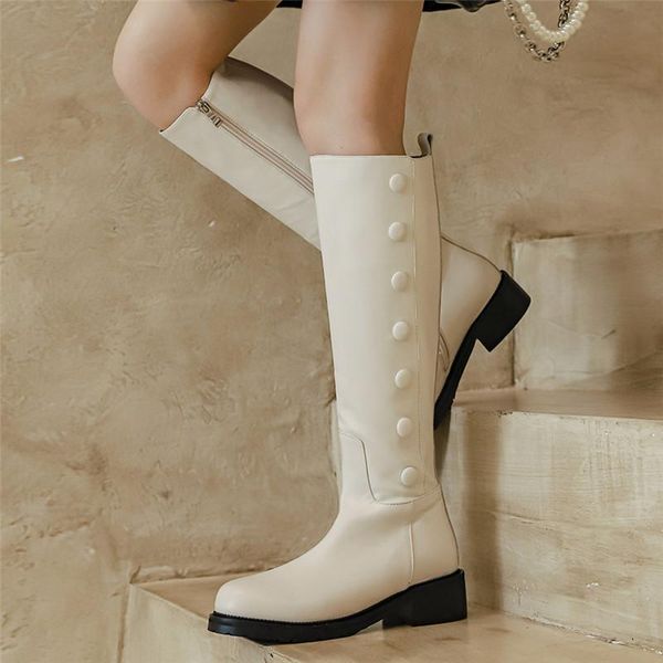 

boots 2021 genuine leather button long round toe cowhide thick bottom women shoes riding equestrian knee-high botas feminina, Black