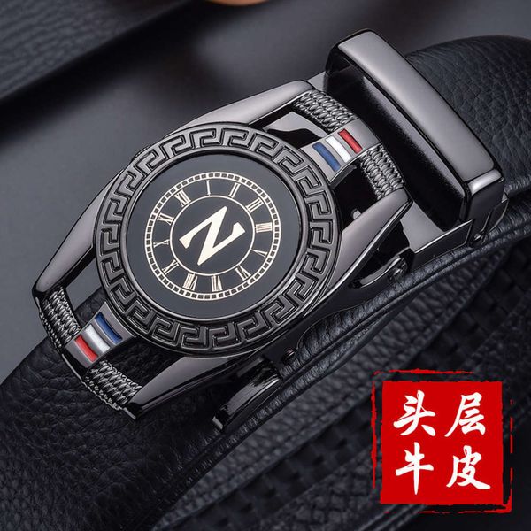 

men's layer leather automatic buckle z letter business belt, Black;brown