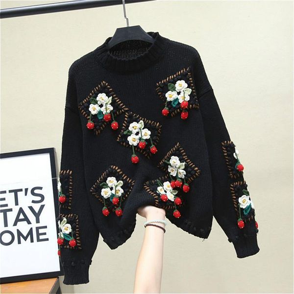 

design winter runway sweater women elegant hook flowers strawberries pullovers sweaters loose warm knitted new1, White;black
