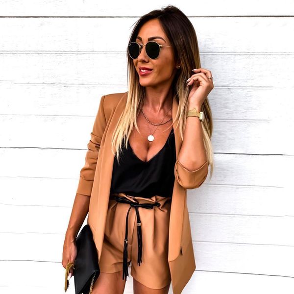 

2020 fall women two piece blazer set fashion european clothing shorts outfits set for lady office cardigan blazer y short d30, Gray