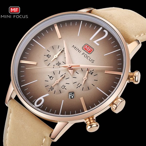 

brand luxury mens watches 2020 sport watch for men casual waterproof dials genuine leather strap dress chronograph minifocus, Slivery;brown