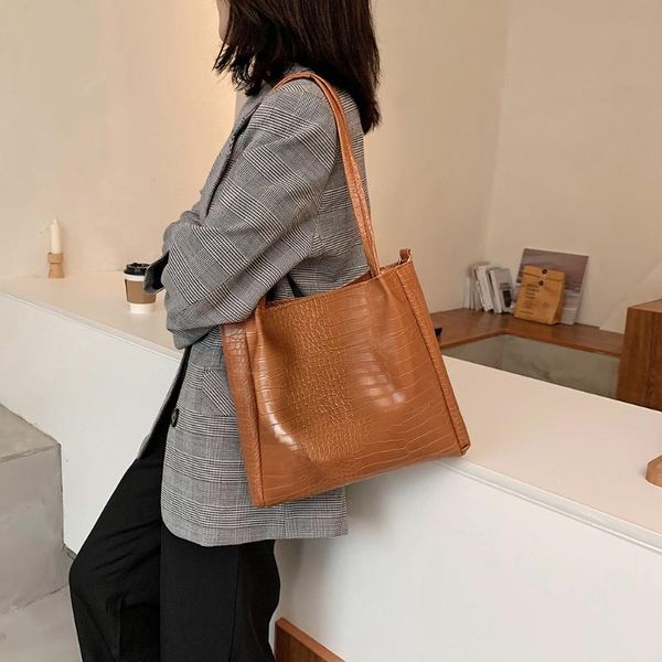 

fashion alligator bucket shoulder bag for women pu leather big capacity handbags totes youth ladies simple handle bags 2021
