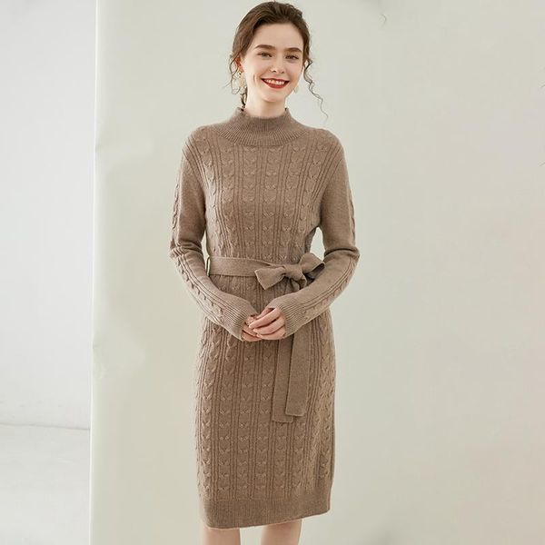 

casual dresses 100% wool high-end women long sweater dress female autumn winter sleeve loose knitted sweaters, Black;gray
