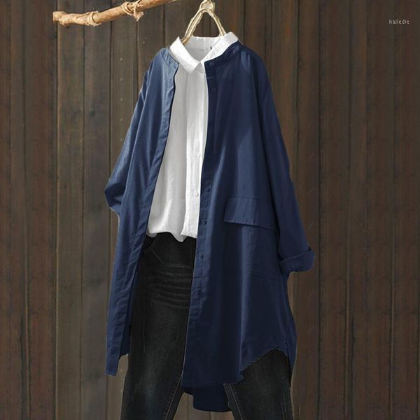

2020 spring long sleeve blouse zanzea vintge work tunic solid long shirt vestidos women stand collar cotton chemise blusas1, White