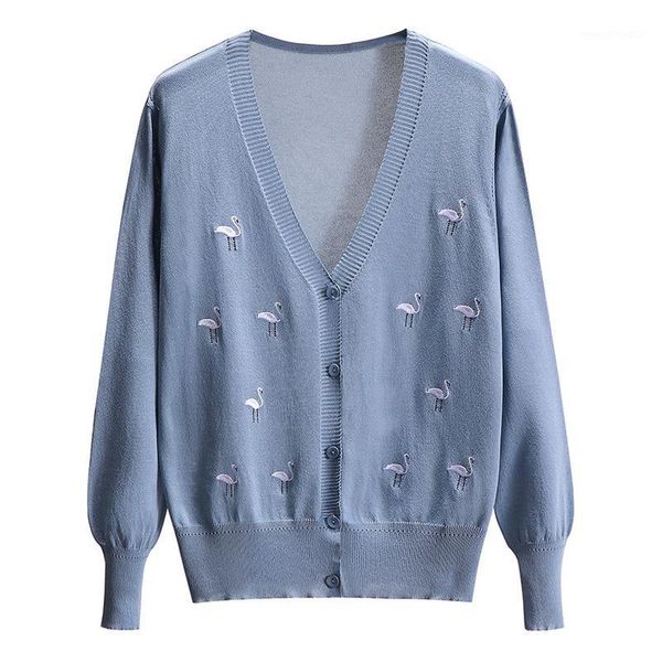 

women's sweaters 2021 summer silk swan embroidery thin long sleeved conditioning spring sweater women shawl v neck knit cardigan sun pr, White;black