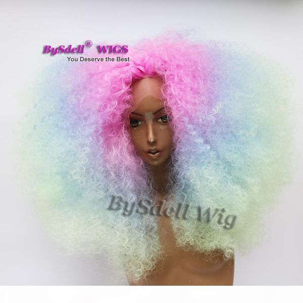 

unicorn mermaid front lace wig synthetic pink blue ombre green color afro kinky culry big hair lace front wig for black women
