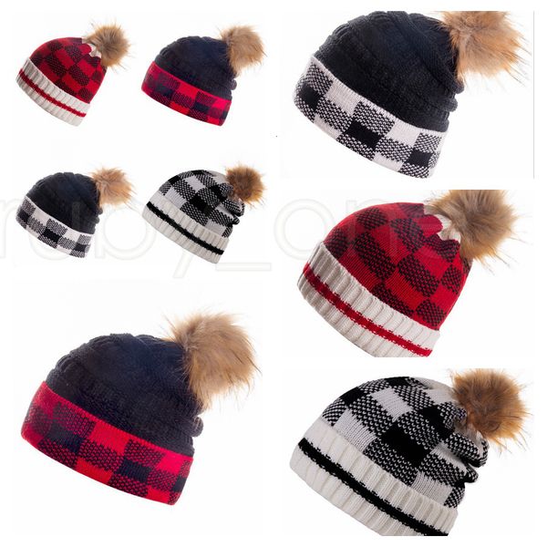 

pompom knitted beanies plaid winter print beanie womens warm knit faux fur pom hat party hats supplies rra3827