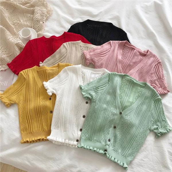 

ruffles sweater women summer v neck crop cardigan short sleeve chic button up crop croped basic kawaii, White;black