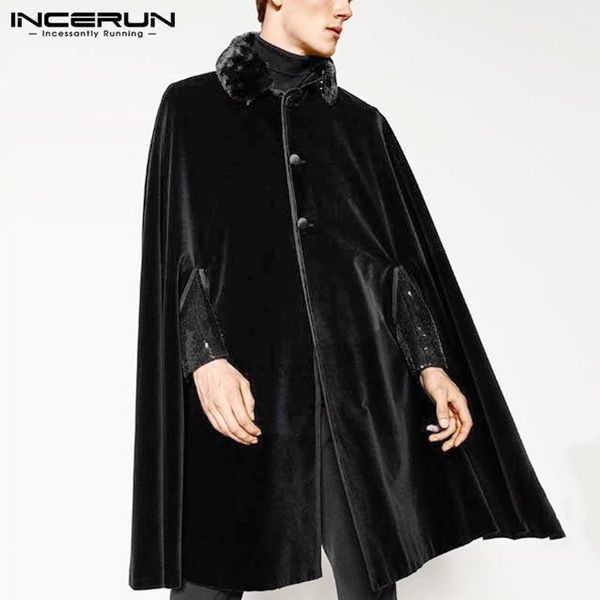 

men's trench coats winter men cloak vintage button fleece velour warm cape streetwear chic poncho 2021 solid jackets s-5xl incerun, Tan;black