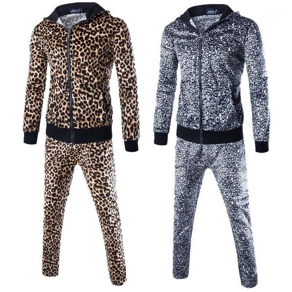 

autumn fashion men set even hat man brand leopard print zipper style tracksuit tide handsome coat pant 2 pcs sets1, Black