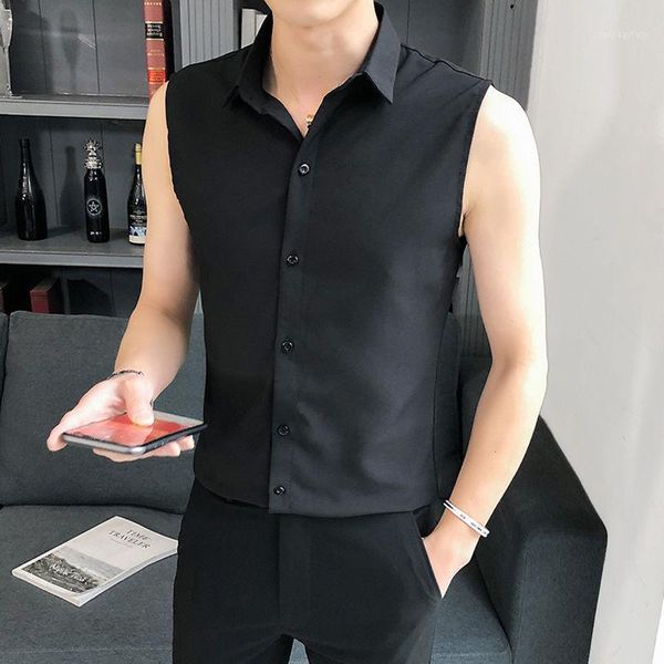 

men's casual shirts 2021 spring and summer youth solid color single-breasted men's sleeveless shirt fashion wild bottoming shirt1, White;black