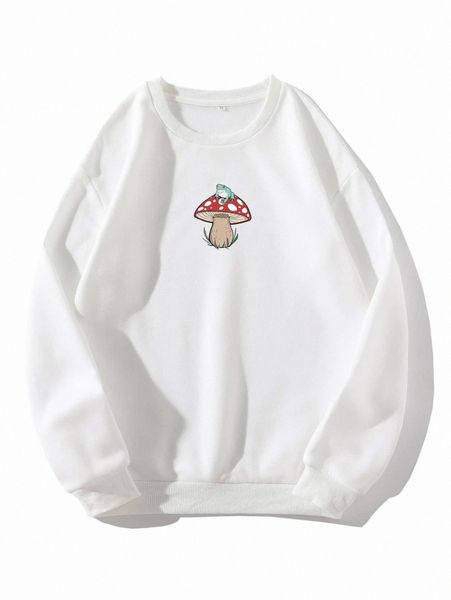 

frog & mushroom print thermal pullover v5lf#, White;black