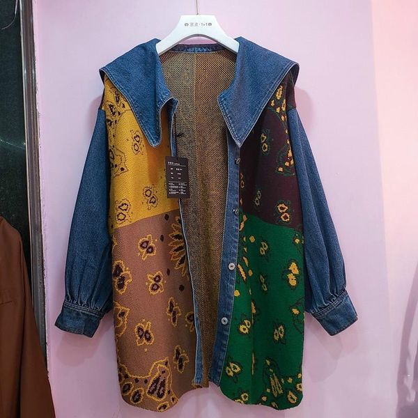 

women's jackets [ewq] autumn spring 2021 mid long ruffled color outerwear loose print denim jacket european overcoat coats, Black;brown