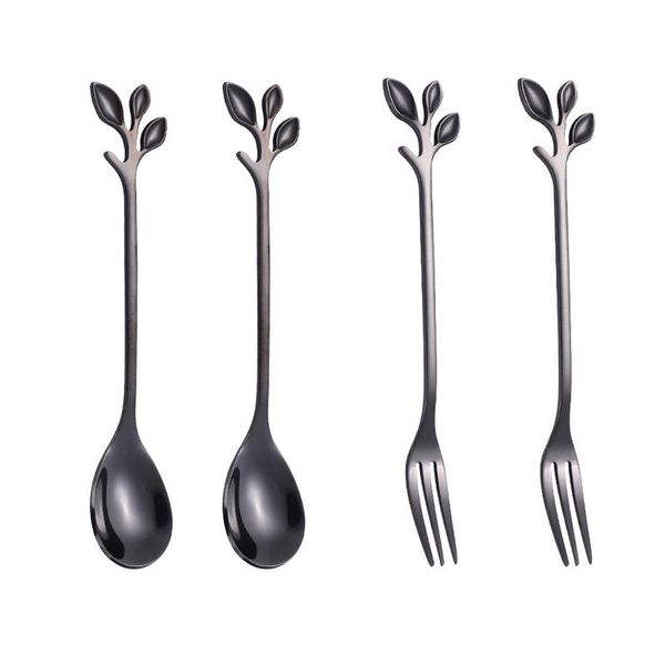 

4pcs creative branch leaves spoon fork stainless steel coffee stirring spoon fruit fork teaspoon bar tableware h jllvjs