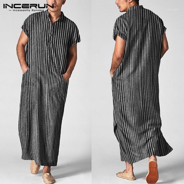 

men islamic arabic kaftan striped short sleeve casual pockets muslim robes cotton saudi arabia dubai men jubba thobe incerun 5xl1, Red