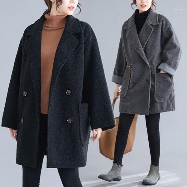 

big size autumn winter women fashion solid color outerwear ladies female plus large long woolen loose false fur jacket coat1, Black