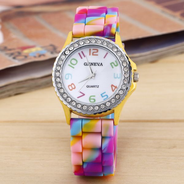 

classic cystal women geneva watches diamond watch decoration silicone colorful camouflage color strap wristwatch fashion quartz clock, Slivery;brown