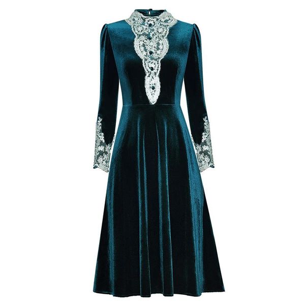 

casual dresses lace overlay green / black velvet vintage dress front buttons stand collar long sleeved draped knee length plus size, Black;gray
