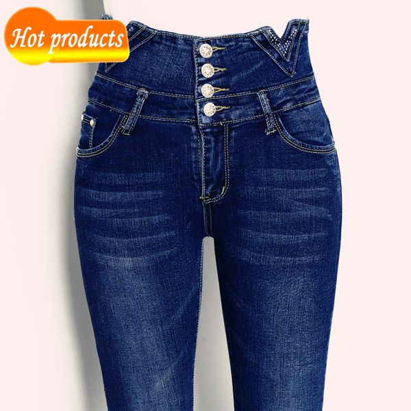 

primavera cintura alta para mulher mais tamanho quatro breasted finas calas de brim casuais elsticas rzds, Blue