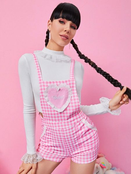 

letter embroidery gingham overalls u9lh#, White