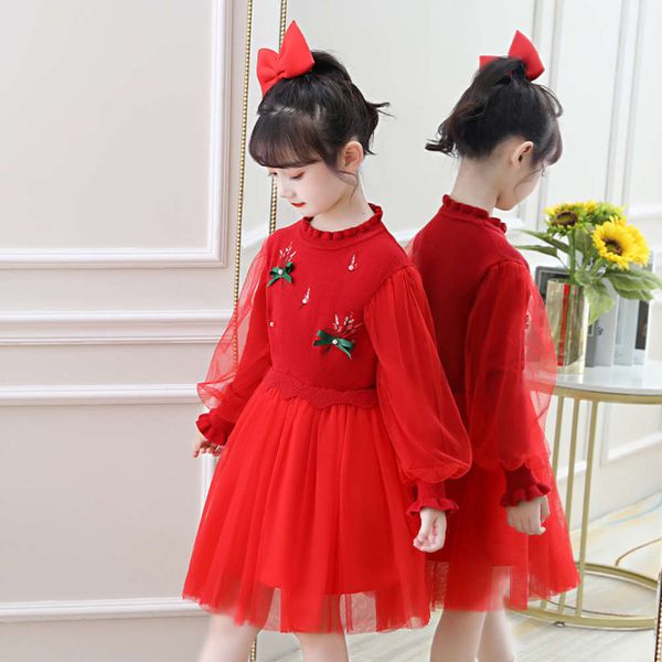 

woolen autumn girls' drs 2020 new and winter exotic children's princs skirt plush, Red;yellow