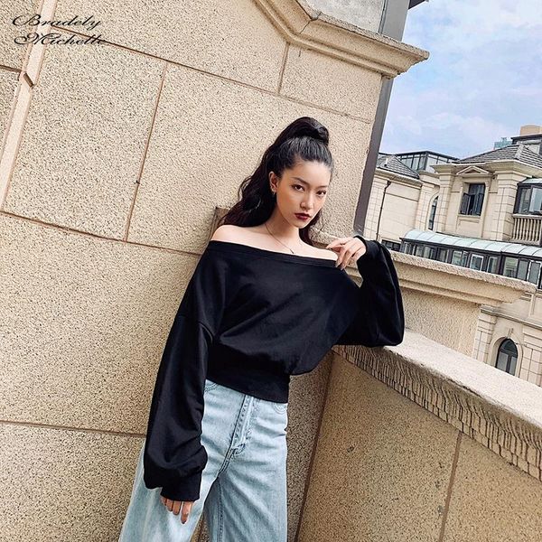

bradely michelle 2020 autumn women's fashion streetwear pullovers full lantern sleeve off shoulder hoodies, Black