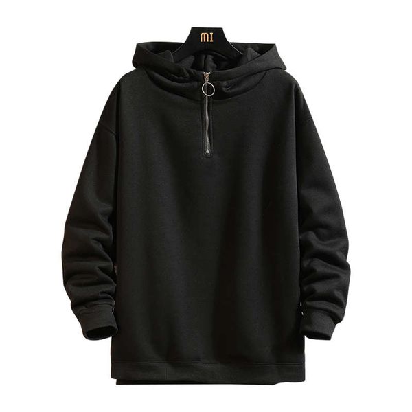 

5e3swq1qhalf zipper hooded sweater for men's autumn and winter fat loose and fat plus size korean plush long sleeve pullovervip, Black