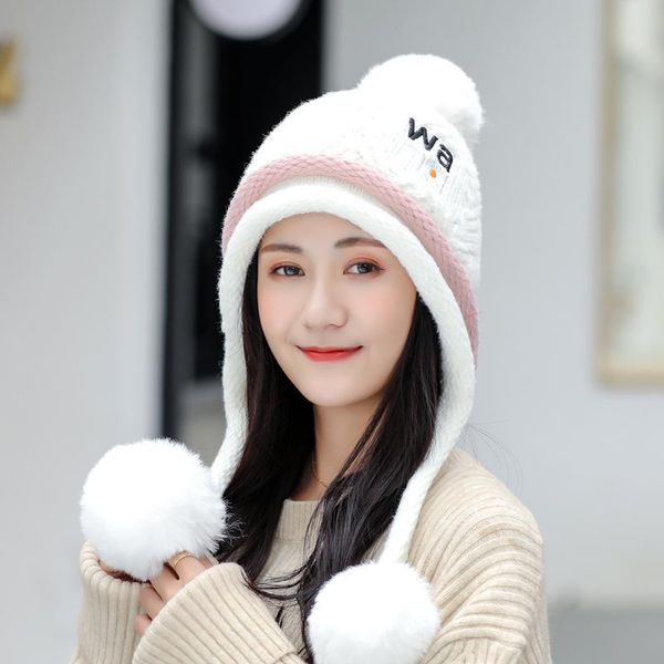 

women's winter wool knitted plush hat. small daisy ear protection warm hat. cycling windproof sweet cute fashion knitted hat, Blue;gray