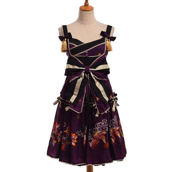 

casual dresses girls japanese lolita dress fantasy vintage style suspender sleevless bow goldfish print costume, Black;gray