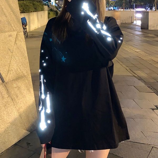 

2021 sweatshirt with woman's reflective hoodie body streetwear imprint harajuku long neck-neck pullover sleeve large fksz, Black