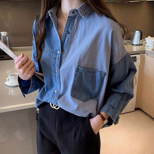

women's blouses & shirts patchwork denim cloth blouse women 2021 spring summer long sleeve striped blue jeans chic female preppy style, White