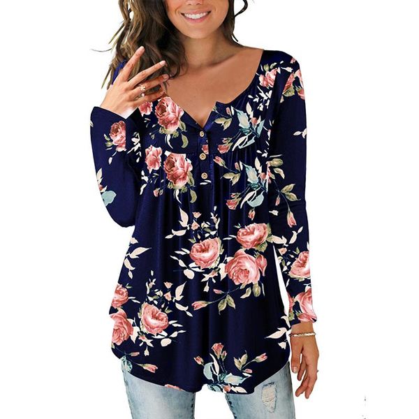 

women's blouses & shirts elegant v neck button womens and flower print casual black blouse shirt plus size 2021 spring autumn tunic, White