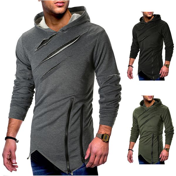 

mens autumn punk hoodies ripped holes hooded hoody sweatshirt zipper irregular hem hip hop hoodie pullover plus size, Black